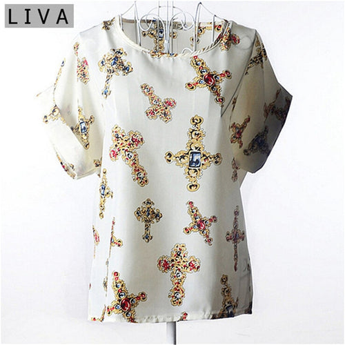 Hot Sale Women Blouses Printed Patterns Loose Style Chiffon Short Sleeve Shirt Summer Women Clothing Tops Tee Blusa Camisa Cross