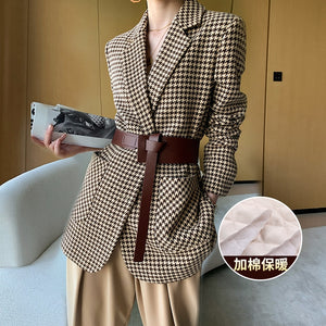 Houndstooth woolen blazer women's short section 2020 autumn and winter new temperament all-match thick plaid suit