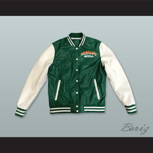 Hugalo's Pizza Green and White Lab Leather Varsity Letterman Jacket