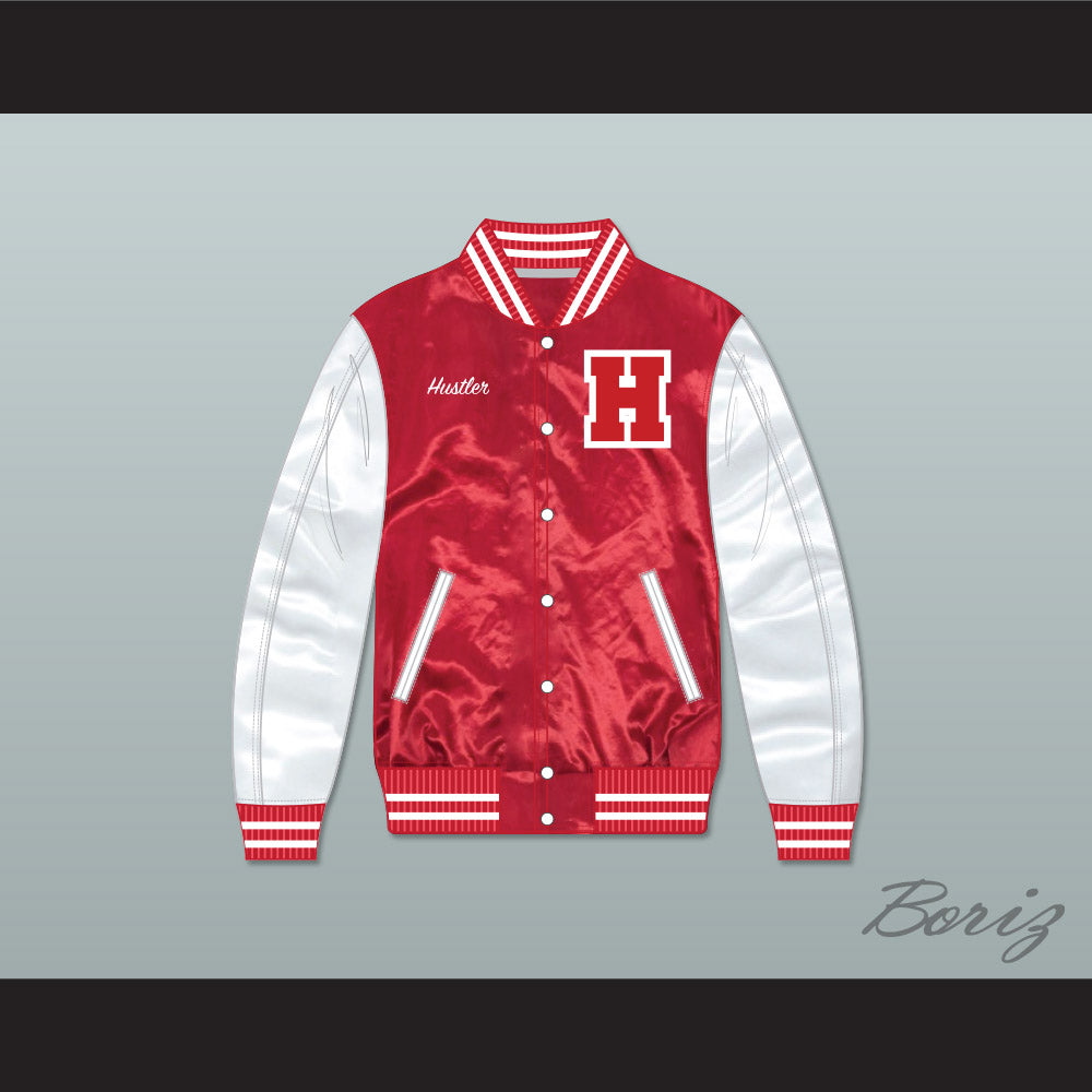 Hustler High School Red/ White Varsity Letterman Satin Bomber Jacket