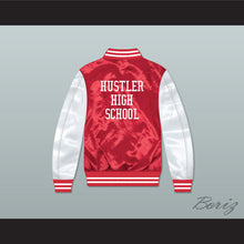 Load image into Gallery viewer, Hustler High School Red/ White Varsity Letterman Satin Bomber Jacket