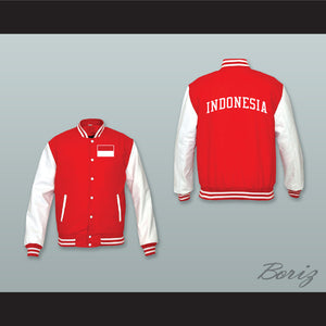 Indonesia Red Wool and White Lab Leather Varsity Letterman Jacket