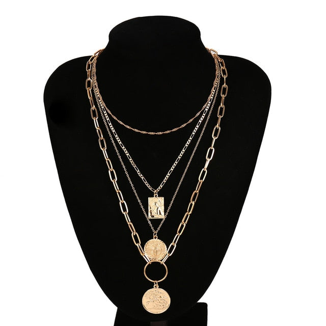IngeSight.Z 3Pcs/Lot Multi Layered Virgin Mary Choker Necklace Collar Gold Color Carved Coin Pendant Necklaces for Women Jewelry