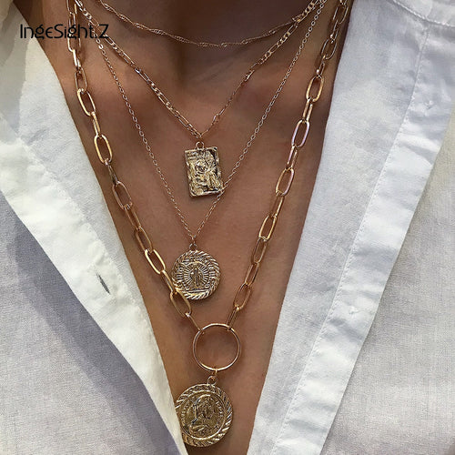 IngeSight.Z 3Pcs/Lot Multi Layered Virgin Mary Choker Necklace Collar Gold Color Carved Coin Pendant Necklaces for Women Jewelry