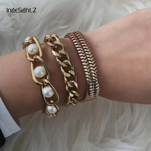 IngeSight.Z 3Pcs/Lot Punk Miami Curb Cuban Thick Bracelet Bangle Chunky Heavy Metal Imitation Pearl Bracelet Wrist Chain Jewelry