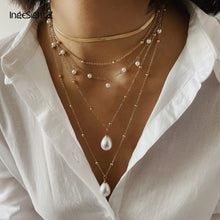 Load image into Gallery viewer, IngeSight.Z Bohemian Multi Layer Imitation Pearl Tassel Choker Necklace Collar Statement Pendant Necklace for Women Jewelry