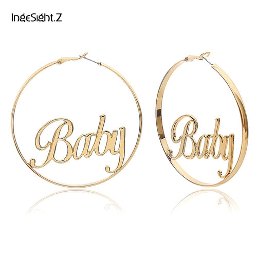 IngeSight.Z Punk Hyperbole Big Circle with Baby Femme Letter Hoop Earrings Women Fashion Jewelry Oorbellen Female