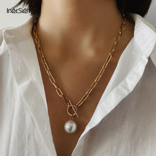 Load image into Gallery viewer, IngeSight.Z Punk Imitation Baroque Pearl Pendant Necklace Curb Cuban Thick Chain Toggle Clasp Long Necklaces for Women Jewelry