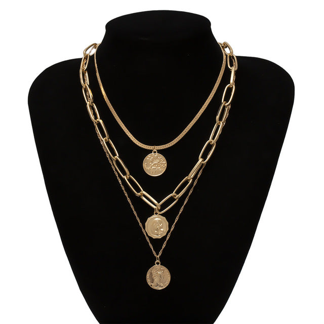 IngeSight.Z Punk Multi Layer Carved Coin Choker Necklace Collar Statement Gold Color Cuban Thick Pendant Necklaces Women Jewelry