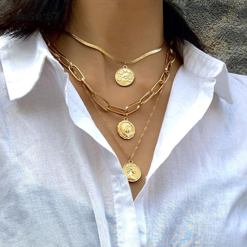 IngeSight.Z Punk Multi Layer Carved Coin Choker Necklace Collar Statement Gold Color Cuban Thick Pendant Necklaces Women Jewelry