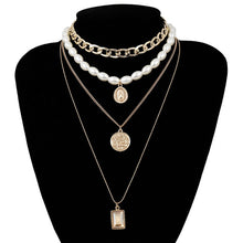Load image into Gallery viewer, IngeSight.Z Punk Multi Layered Pearl Choker Necklace Collar Statement Virgin Mary Coin Crystal Pendant Necklace Women Jewelry