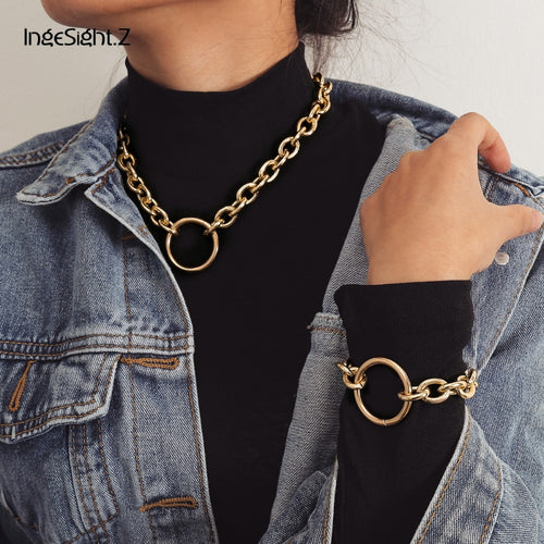 IngeSight.Z Vintage Choker Necklace Collar Statement Punk Big Round Circle Chunky Necklace Bracelet Set for Women Men Jewelry