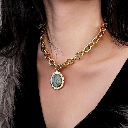 IngeSight.Z Vintage Green Stone Pendant Necklace Statement Gold Color Heavy Metal Long Chain Necklace for Women Jewelry Gifts