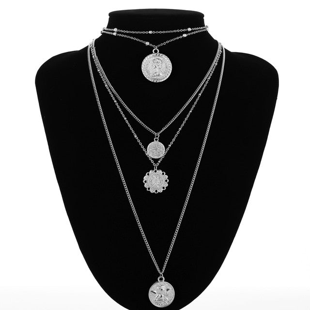 Ingesight.Z Boho 5 Multi Layer Long Adjustable Chain 4 Pendant Choker Necklace Fashion Coin Rune Queen Jewelry Female Women Gift