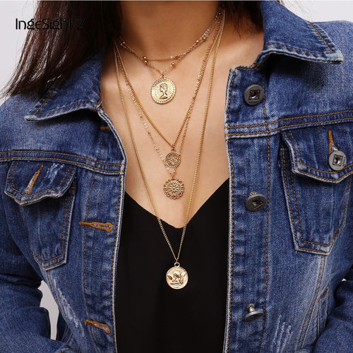 Ingesight.Z Boho 5 Multi Layer Long Adjustable Chain 4 Pendant Choker Necklace Fashion Coin Rune Queen Jewelry Female Women Gift