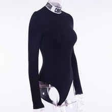Load image into Gallery viewer, InstaHot Cotton Letter Printed Turtleneck Bodysuits Women Mock Neck Autumn Bodycon Tops Playsuits Elastic Party Fashion Body