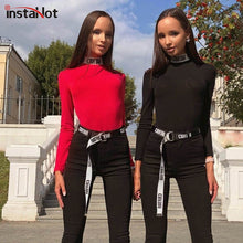 Load image into Gallery viewer, InstaHot Cotton Letter Printed Turtleneck Bodysuits Women Mock Neck Autumn Bodycon Tops Playsuits Elastic Party Fashion Body
