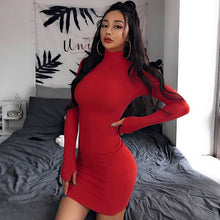Load image into Gallery viewer, InstaHot Turtleneck Long Sleeve Skinny Mini Dress Women Autumn Sexy Sporting Style Dresses 4 Color Bodycon Slim Yellow Clubwear