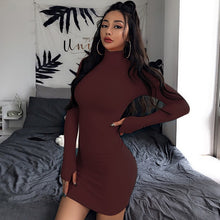 Load image into Gallery viewer, InstaHot Turtleneck Long Sleeve Skinny Mini Dress Women Autumn Sexy Sporting Style Dresses 4 Color Bodycon Slim Yellow Clubwear
