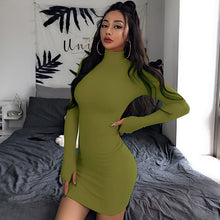 Load image into Gallery viewer, InstaHot Turtleneck Long Sleeve Skinny Mini Dress Women Autumn Sexy Sporting Style Dresses 4 Color Bodycon Slim Yellow Clubwear