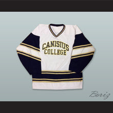 Load image into Gallery viewer, Irving 12 Canisius College White Navy Blue and Old Gold Hockey Jersey
