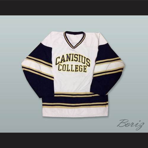 Irving 12 Canisius College White Navy Blue and Old Gold Hockey Jersey