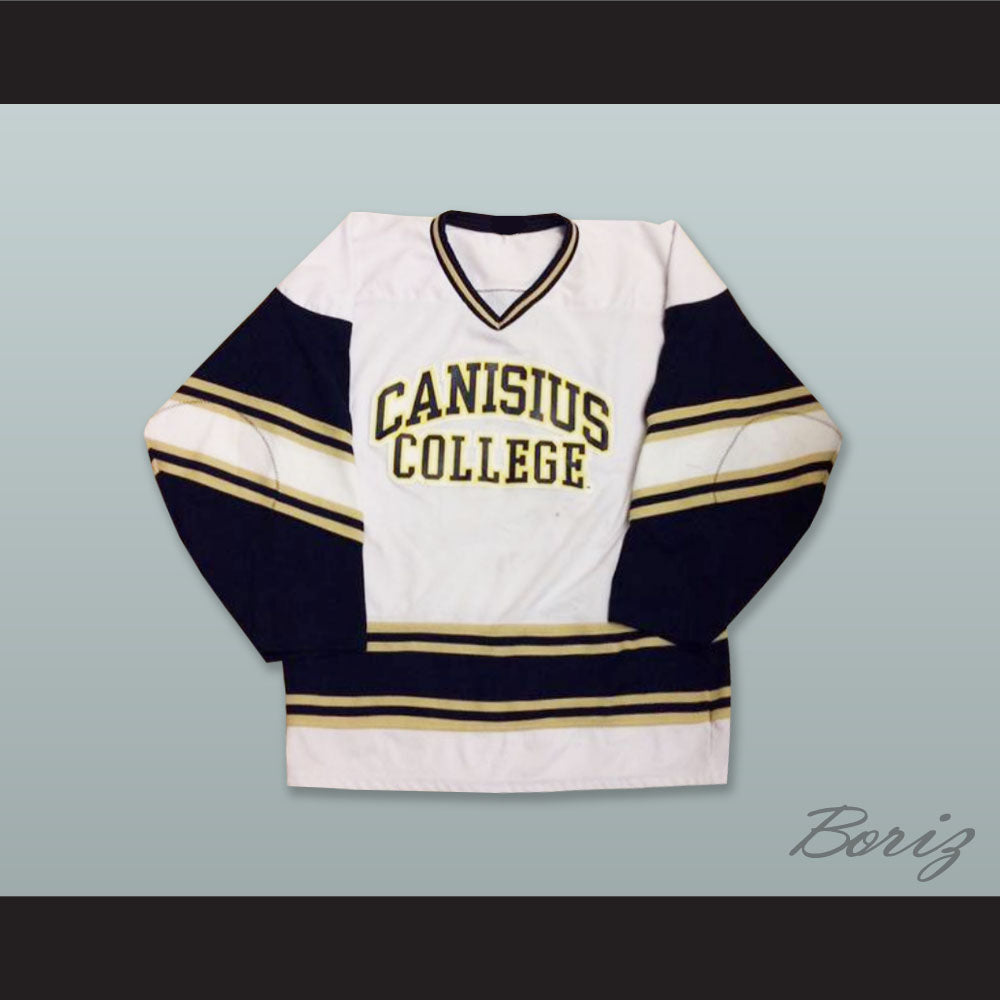 Irving 12 Canisius College White Navy Blue and Old Gold Hockey Jersey