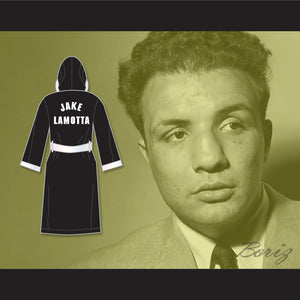 Jake Lamotta Black Satin Full Boxing Robe with Hood