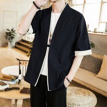 Load image into Gallery viewer, JDDTON Summer Men's Linen Kimono Long Cardigan Outerwear Coats Fashion Streetwear Short Loose Male Jackets Casual Overcoat JE005
