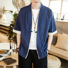 Load image into Gallery viewer, JDDTON Summer Men's Linen Kimono Long Cardigan Outerwear Coats Fashion Streetwear Short Loose Male Jackets Casual Overcoat JE005