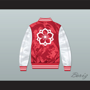 Japanese Flower Design Red/ White Varsity Letterman Satin Bomber Jacket