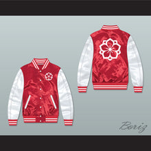 Load image into Gallery viewer, Japanese Flower Design Red/ White Varsity Letterman Satin Bomber Jacket