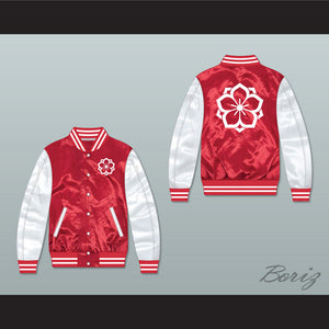 Japanese Flower Design Red/ White Varsity Letterman Satin Bomber Jacket