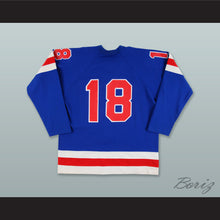 Load image into Gallery viewer, Jeff Carlson 18 Muskegon Mohawks Blue Hockey Jersey