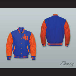 John Hughes High School Royal Blue Wool and Orange Lab Leather Varsity Letterman Jacket