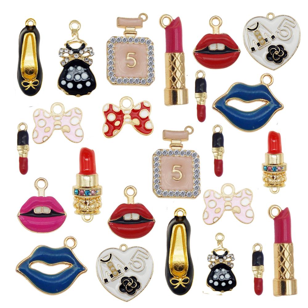 Julie Wang 12PCS Enamel Charms Alloy Mixed Girl Lipstick Lip Dress Shoes Necklace Pendant Bracelet Accessory Jewelry Making