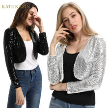 Load image into Gallery viewer, KK Women Long Sleeve Shining Sequined Jacket Top Open Front Glitter Cropped Coat Bolero Shrug Sequin Short Cardigan Coat S-XXL