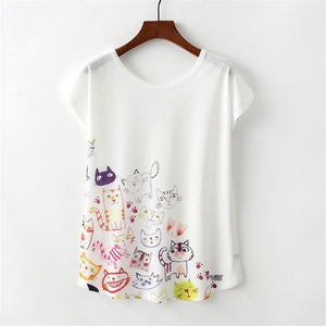 KaiTingu Summer Novelty Women T Shirt Harajuku Kawaii Cute Style Nice Cat Print T-shirt New Short Sleeve Tops Size M L XL