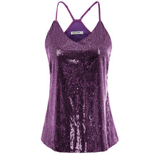 Load image into Gallery viewer, Kate Kasin Women Sexy V-Neck Sequin Top Summer Sparkle Shimmer Camisole Spaghetti Straps Sequined Tank Tops Party Club Cami Vest