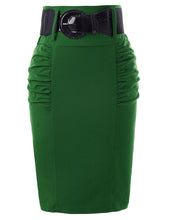 Load image into Gallery viewer, Kate Kasin Women's Shirred Detail High Waist Stretchy Pencil Skirt With Wide Belt Office Lady Work Skirt Solid Formal Midi Skirt