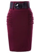 Load image into Gallery viewer, Kate Kasin Women's Shirred Detail High Waist Stretchy Pencil Skirt With Wide Belt Office Lady Work Skirt Solid Formal Midi Skirt