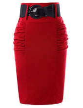 Load image into Gallery viewer, Kate Kasin Women's Shirred Detail High Waist Stretchy Pencil Skirt With Wide Belt Office Lady Work Skirt Solid Formal Midi Skirt