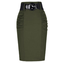 Load image into Gallery viewer, Kate Kasin Women's Shirred Detail High Waist Stretchy Pencil Skirt With Wide Belt Office Lady Work Skirt Solid Formal Midi Skirt