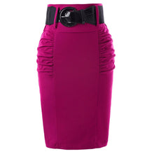 Load image into Gallery viewer, Kate Kasin Women's Shirred Detail High Waist Stretchy Pencil Skirt With Wide Belt Office Lady Work Skirt Solid Formal Midi Skirt
