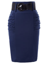 Load image into Gallery viewer, Kate Kasin Women's Shirred Detail High Waist Stretchy Pencil Skirt With Wide Belt Office Lady Work Skirt Solid Formal Midi Skirt