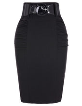 Load image into Gallery viewer, Kate Kasin Women's Shirred Detail High Waist Stretchy Pencil Skirt With Wide Belt Office Lady Work Skirt Solid Formal Midi Skirt