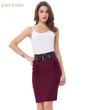 Load image into Gallery viewer, Kate Kasin Women's Shirred Detail High Waist Stretchy Pencil Skirt With Wide Belt Office Lady Work Skirt Solid Formal Midi Skirt