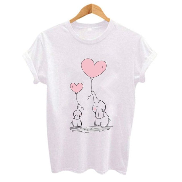Kawaii cute Elephant balloon Print Women t shirt 2018 Summer Funny Short sleeve t-shirt Plus Size Casual Tops tshirts