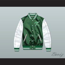 Load image into Gallery viewer, Kekambas Green/ White Varsity Letterman Satin Bomber Jacket 1