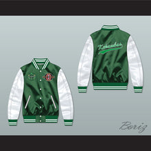 Load image into Gallery viewer, Kekambas Green/ White Varsity Letterman Satin Bomber Jacket 2